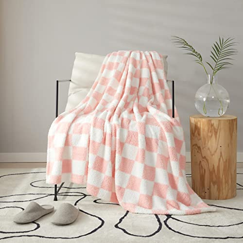 MERRYLIFE Karierte Überwurfdecke, doppelseitig, gestrickt, Schachbrett-Gitter, ultraplüschig, weich, flauschig, gemütlich, Decke für Couch, Stuhl, Bett, Reisen (Pink-1, 152,4 x 228,6 cm)