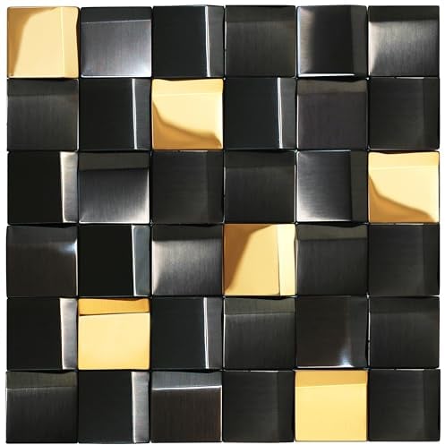 Elephantile 5 Sheets Black & Gold Tiles Metal Mosaic Wall Backsplash Tile 3D Wall Panels [5 Sq.feet]