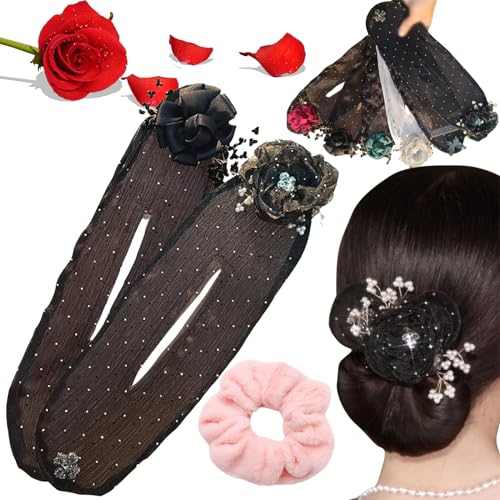 Donubiiu Hand Embroidered Flowers Deft Bun, Deft Bun Hair Twister, Lazy Hair Curler Deft Bun Maker, Hair Bun Maker for Long Hair, Flower Hair Bun Roller, Hair Bun Maker Accessories (2PCS-B)