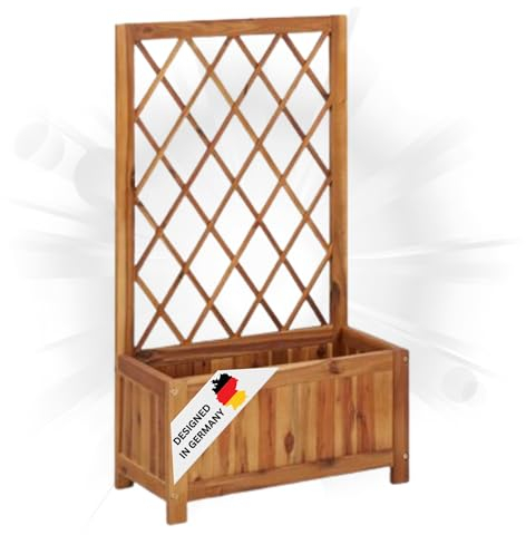 DELUKE® Pflanzkasten mit Spalier WELO | Akazienholz massiv, 100x55x28cm | Spalier mit Blumenkasten Hochbeet mit Rankgitter Rankkasten Gartenspalier Rankhilfe mit Blumenkübel