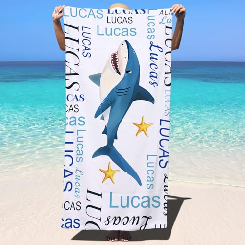 SearchI Strandtuch Personalisiert 150x75cm,Sandfrei&Schnell Trocknendes Individuellem Mikrofasertuch Badetücher mit Namen für Erwachsener Kinder,Geburtstagsgeschenk für Camping,Reisen,Pool-Hai