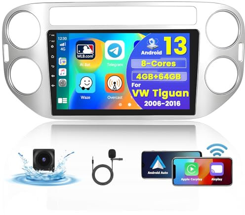 Hikity 4+64G 8Núcleos Radio Coche para VW Tiguan 2010-2015 Android 15 Carplay Inalámbrico Android Auto 9 Pantalla Radio con GPS Navegacion Bluetooth WiFi RDS DSP SWC Cámara Trasera