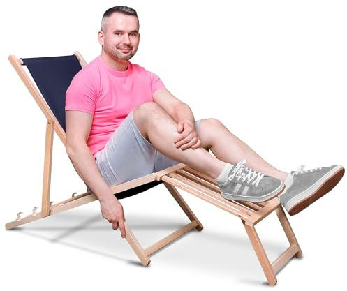 DreamRoots Liegestuhl klappbar Holz mit fußteil bis zu 130 kg belastbar, 3-Fach verstellbare Rückenlehne, waschbarer Polyesterbezug