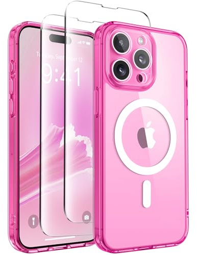 CAPRARO for iPhone 15 Pro Max Case, Compatible with MagSafe | Upgraded [Full Camera Protection] Shockproof Protective Slim Translucent Matte Magnetic Phone Case 6.7'', Clear Neon