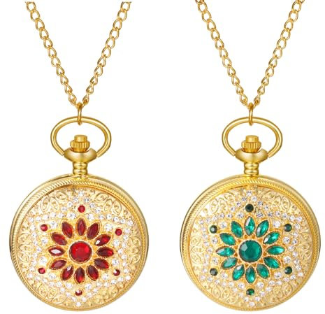 JewelryWe Gold Taschenuhr Damen Strass: 2pcs Glitzer Diamant Blume Blütenblatt Kettenuhr Analog Quarz Uhr Anhänger mit Halsette Kette Pocket Watch Geschenk für Frau Mutter Ehefrau