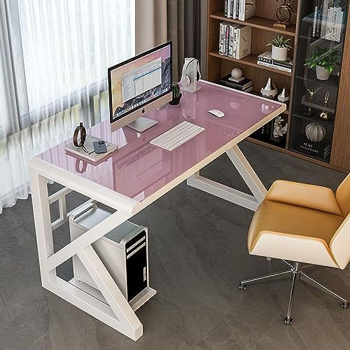 GHKFEJGDEN Moderner, einfacher Schreibtisch, Arbeitstisch aus gehärtetem Glas, Computertisch, Home-Office-Schreibtisch, Arbeitsstation (99,1 cm, rosa + weißer Rahmen)