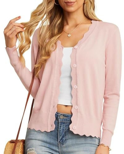 GRECERELLE Cardigan da donna con bottoni e scollo a V Cardigan leggero ed estivo da donna elegante con pizzo, Rosa chiaro, S