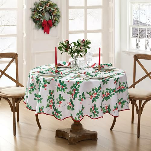 Elrene Home Fashions Tischdecke, Vintage-Stil, Stechpalme, gewellter Rand, knitterfrei, rund, 178 x 177,8 cm