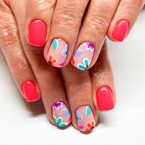 Hebterrka Lot de 24 faux ongles carrés à pression - En acrylique brillant - Motif floral coloré - Couleur orange et rouge - Couverture complète