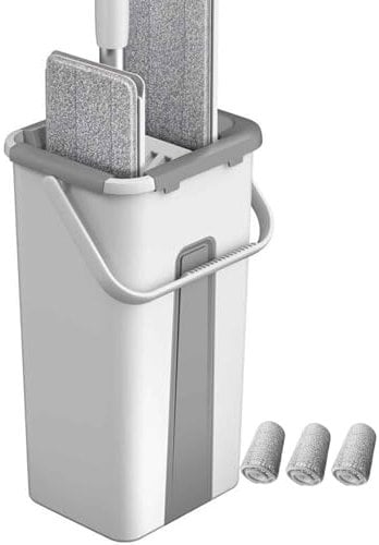 DSFGRTJ Set Mocio Lavapavimenti Professionale Mop Piatto E Secchio Strizzatore 3 Pad Mop Riutilizzabili per Tutti I Tipi di Pavimenti(White)