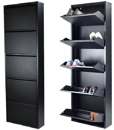 Atahome Slim Shoe Cabinet Tall Narrow Shoe Storage Cabinet for hallway wall mounted thin flip down Metal Shoe Rack Storage Organiser Shoe cupboard Indoor Lydia 5-Drawer Tier (Black)