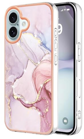 Lvnarery For iPhone 16 Case,iPhone 16 Marble Case,Slim-Fit Anti-Scratch Shock Proof Flexible Soft Silicone Rubber TPU Bumper Cover Skin Case for iPhone 16 Rose gold