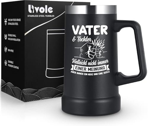 Livole Geschenke für Papa Vatertag, Papa Vater Tochter Geschenk - VATER & TOCHTER. Vielleicht nicht immer einer Meinung aber immer ein Herz und eine Seele - 700ml Doppelwandig Bierglas aus Edelstahl