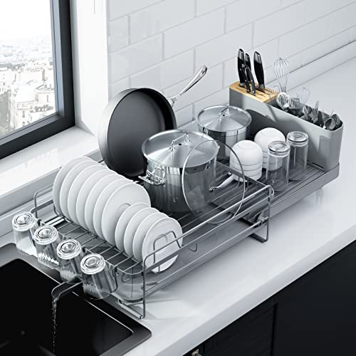 Kitsure Dish Drainer Rack - Extendable Dish Drainer, Multifunctional Dish Rack for Kitchen Counter, Anti-Rust Draining Board Rack with Cutlery & Cup Holders, 67.8cm x 32.7cm x 14.9cm, Grey