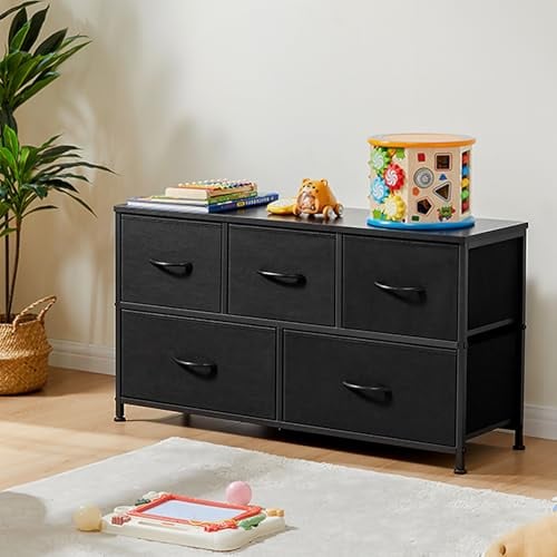 DUMOS Kommode mit Schubladen - Kommoden & Sideboards für Schlafzimmer Geeignet, Komodenschrank mit 5 Schubladen, Stoffkommode mit Stabilem Stahlrahmen, Ideal für Schlafzimmer, Wohnzimmer (Schwarz)