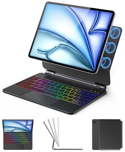 KBCASE Clavier pour iPad Air 11 Pouces M3 2025/M2 2024,Air 5e/4e génération,iPad Pro 11 4/3/2/1 Étui Magnétique Magic Keyboard avec Trackpad, Rétroéclairage 7 Couleurs,Magnétique Flottante, AZERTY