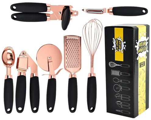 7 Pc Kitchen Gadget Set Copper Coated Stainless Steel Utensils Soft Touch Black Handles Kitchenware Set Kitchen Utensils(Pink) (Black