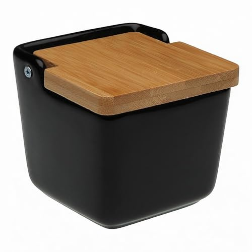 Generico Contenitore Sale in Ceramica con Coperchio in Bambù – Barattolo Quadrato Porta Sale Spezie e Zucchero 8,8x8,8x8,8 cm, Design Moderno Salvaspazio, Disponibile in 7 Colori (Nero)