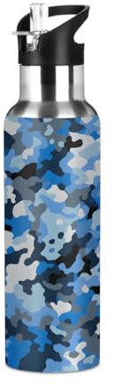 Mexpekil Blue Dark Grey Camo Water Bottles 600ml Insulated Stainless Steel Water Bottle with Straw Leakproof Vacuum Flask for Kids Adults