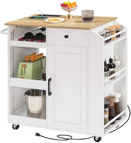 MAHANCRIS Küchenwagen mit Arbeitsplatte, Kücheninsel Küchenschrank mit Steckdosenleiste, Küchenwagen auf Rollen, 83,5 x 38 x 83 cm, bewegliche Kücheninsel mit Schublade und Gewürzregal, AKINW122UE01