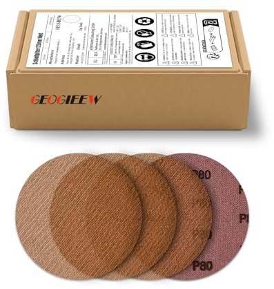 GEOGIEEW 50 Pezzi Dischi Abrasivi 125mm, Grana 60/80/120/180/240, Compatibili con Levigatrice Orbitale per Legno, Metallo e Stucco - Perfetti per Superfici Dure