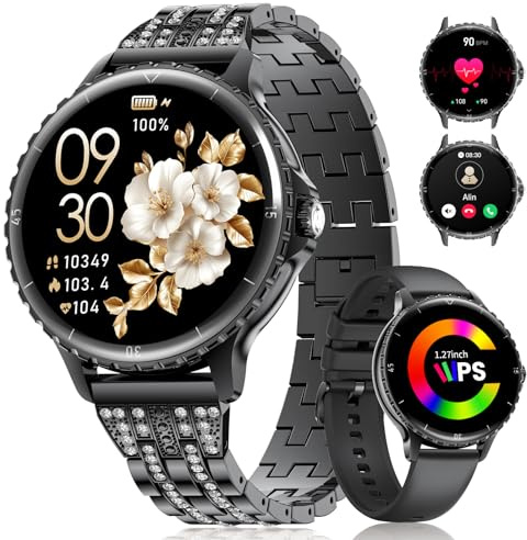 LIGE Smartwatch Damen Telefonischer Anruf 1.27 HD Rund Elegant Schwarz Edelstahl Diamant Smart Watch Frauen für Android iOS,100+ Sportmodi,Herzfrequenz,Schlafmonitor, Menstruationszyklus,Kalorien