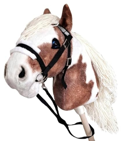 Generisch Hobby Horse Pferd Pinto | Paint Steckenpferd Großes A3 | Abnehmbare Trense & Lange Mähne | Stockpferd mit Zubehör
