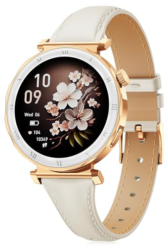 BOALZETD Smartwatch Damen - Eleganz im Kleinen mit 1,19 AMOLED Display & Schmalem Lederarmband, Fitnessuhr mit Schrittzähler, Sportmodi, Puls/SpO2/Schlafmonitor für iOS/Android, Roségold/Polarstern