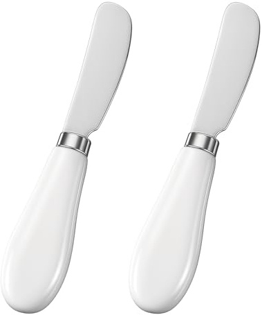 Thinp 2 Pcs Butter Knife, Stainless Steel Butter Spreader Knives with Porcelain Handles Cheese Spreader Knife Multipurpose Sandwich Spreaders for Spreading Jam, Pastry, Cheese (White & Silver)