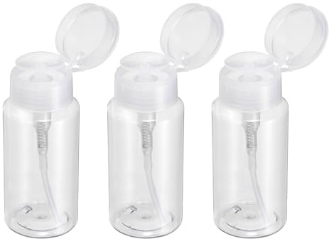 sourcing map 3pcs Push Down Pump Dispenser 5.3OZ (150ML) Plastic Nail Polish Remover Pumping Empty Bottle with Flat Flip Cap for Makeup Remover Alcohol Facial Toner, Clear