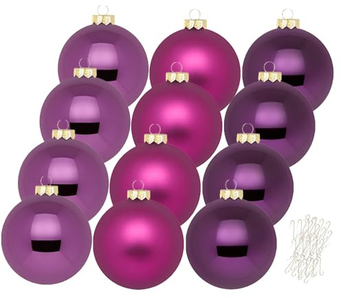 Inge Glas große Weihnachtskugeln mit Haken | Christbaumkugeln aus Glas | Set 12 Kugeln 8cm groß und 40 Aufhänger | Christbaumschmuck Weihnachtsbaumkugeln (Purple Deluxe)