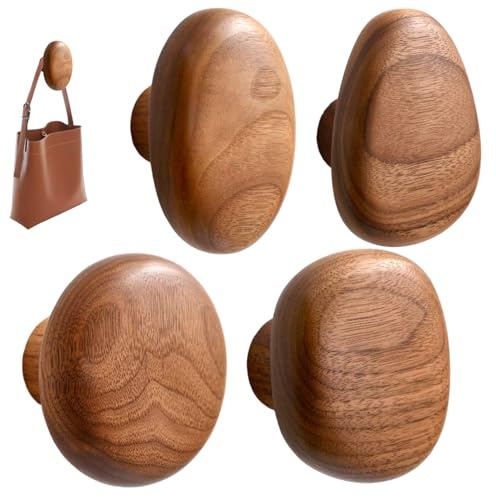 SMELEYOU Crochets muraux en bois, lot de 4 crochets en bois naturel pour suspendre des cintres muraux décoratifs en forme de galets pour l'entrée et la salle bain