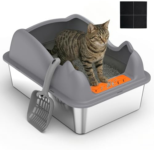 Stainless Steel Cat Litter Tray, Large Metal Cat Litter Box for Most Cats 50x35x29cm, High Sided Littering Tray With Scoop, Anti-slip Rubber Bottom Odour-Proof Non-Sticky Easy Clean