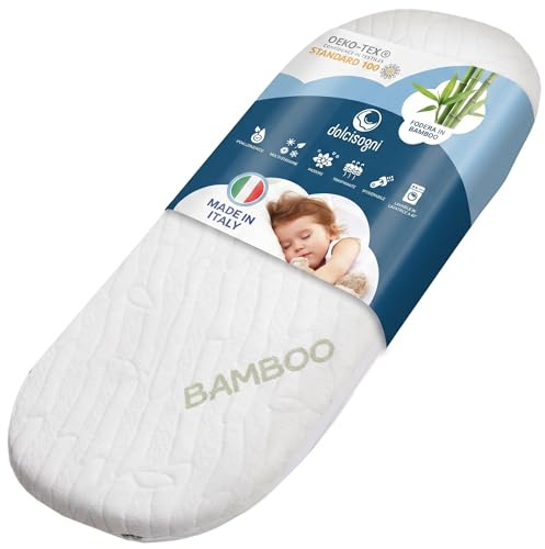 DOLCI SOGNI Materasso Culla Neonato 35x75 cm - Materassino Navicella - 100% Made in Italy - OEKO-TEX® e CertiPUR™ - Materasso Lettino Neonato con Fodera in Fibra di Bambù Lavabile