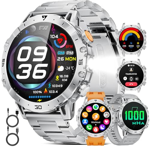 HIRREO Smartwatch Uomo 1,85'' Display HD, Torcia LED, Batteria 1000mAh, 100+ Modalità Sport, IP68 Impermeabile, Cardiofrequenzimetro e Monitor Sonno, Bluetooth Android iOS, Argento