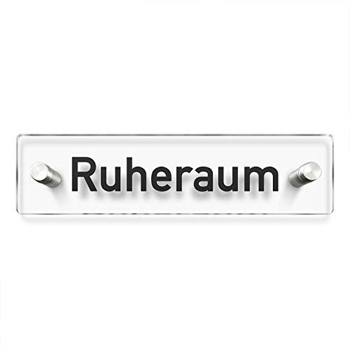 Türschilder24 Wandschild/Türschild • Ruheraum • 200 x 50mm. Schild besteht aus hochtransparentem 3mm Acrylglas. Inkl. 2 x Abstandshalter aus V2A Edelstahl