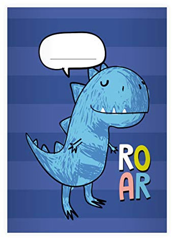 4 lustige Dino DIN A4 Schulhefte, Schreibhefte mit Dinosaurier auf Streifen, blau Lineatur 25 (liniertes Heft 16 Blatt/32 Seiten) Notizheft, Kladde für Schule, Hausaufgaben, Mitgebsel