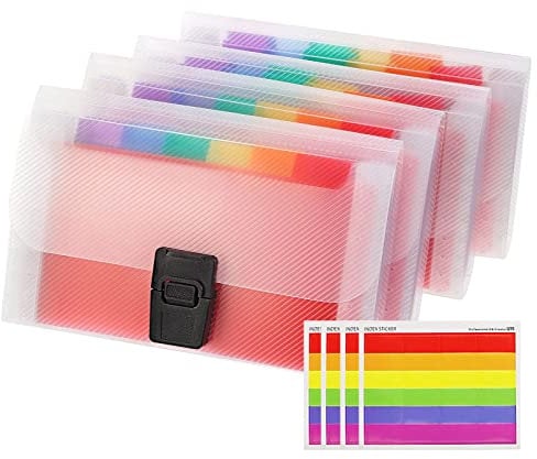 4 Pack Expanding File Folder A6 Size 13 Pockets Portable Rainbow Document Organiser Multicoloured Plastic Expandable Organizer Wallet Case with Colored Labels Index