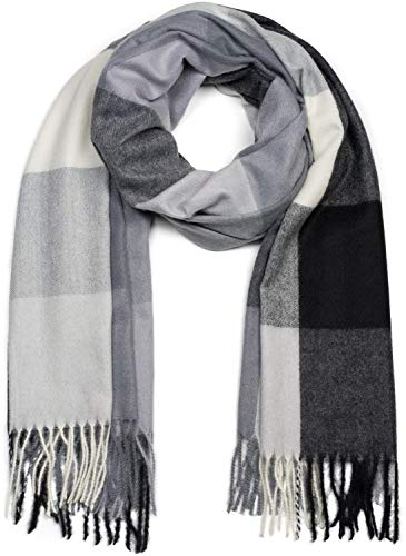 styleBREAKER Unisex weicher Karo Schal mit langen Fransen, bunt kariert, warme Winter Stola mehrfarbig 01017110, Farbe:Grau-Schwarz-Weiß