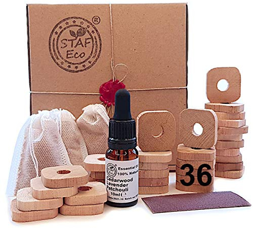 STAFECO Mottenschutz für Kleiderschrank, Natürliches Set, 36 Zedernholz Ringe,1 x Beutel öl 100% Duftöl (Zedernholz, Lavendel + Patchouli)