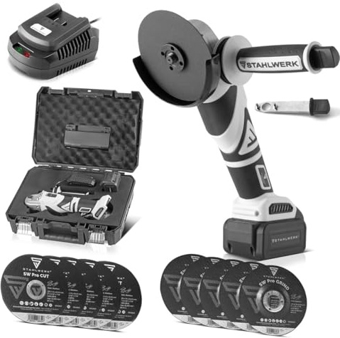 STAHLWERK Amoladora angular con batería sin escobillas, sistema de batería 20 V/4Ah, 0-7500 min-1, tamaños de disco 115 mm y 125 mm, incluye 1 baterí de 4 Ah y cargador, 7 años de garantía