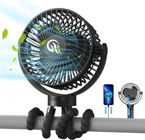 Ventilador portátil para cochecito, ventilador de 42 horas y 10000 mAh, funciona con pilas, trípode flexible con clip, pequeño ventilador para cochecito de bebé, asiento de coche, carrito de golf,