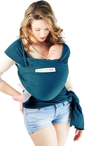BASIC - Bleu Retro | Fibres BIO - Naissance à 9 kg - Echarpe de portage extensible - Réglage facile 1 noeud préalable pour mettre et sortir bébé - Portage ventral