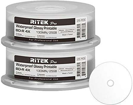 50 Ritek Pro BD-R 25GB Water Resistant Glossy White Inkjet Printable Disc