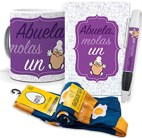Super Regalo Personalizado para Abuelas. Abuela molas un Huevo. Taza, libreta, boli y Trio de Calcetines