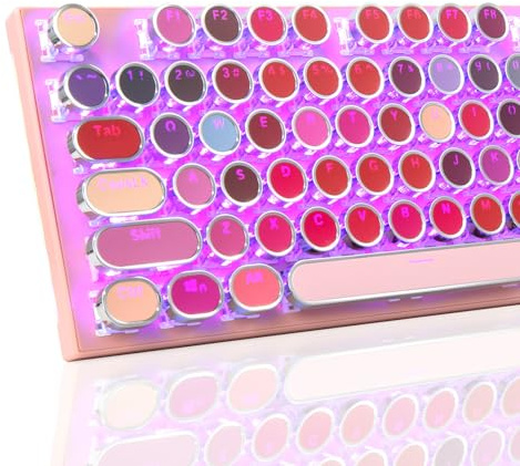 HUO JI - Teclado mecánico para juegos con luz lateral RGB y retroiluminada arcoíris, estilo retro, interruptores rojos, panel de metal, lápiz labial, 104 teclas para Mac, PC, lindo rosa