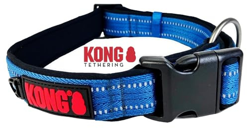 KONG Nylon Dog Collar - Adjustable, Soft Padded With Clasp Buckle, Reflective With Large Ring - Blue, Size L