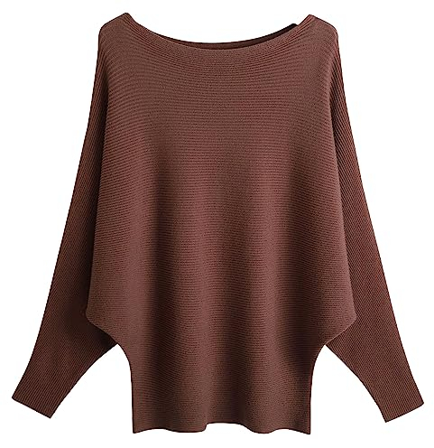 FULIER Boat Neck Batwing Sleeves Dolman Knitted Sweaters and Pullovers Tops for Women One Size (Coffee)