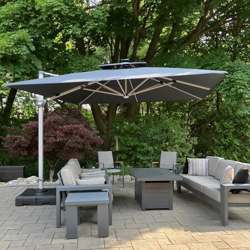 PURPLE LEAF Parasol De Jardin Extérieur 3,3 x 3,3 m avec LED, Parasol Déporté Toit à Double Rotatif 360°, Parasol Excentré Inclinable, Parasol Terrasse Extérieur, Gris acier
