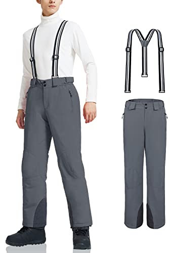 AOLI RAY Herren Skihose Snowboardhose Trägerhose Wasserdicht Gefüttert Winddicht Outdoorhose mit Abnehmbar Träger Grau M